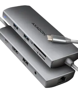 USB хъб AXAGON HMC-8HLSA USB-C 3.2 Gen 1 hub 3x USB-A + 4K/30Hz HDMI + SD/microSD GLAN Audio PD 100W 20cm USB-C