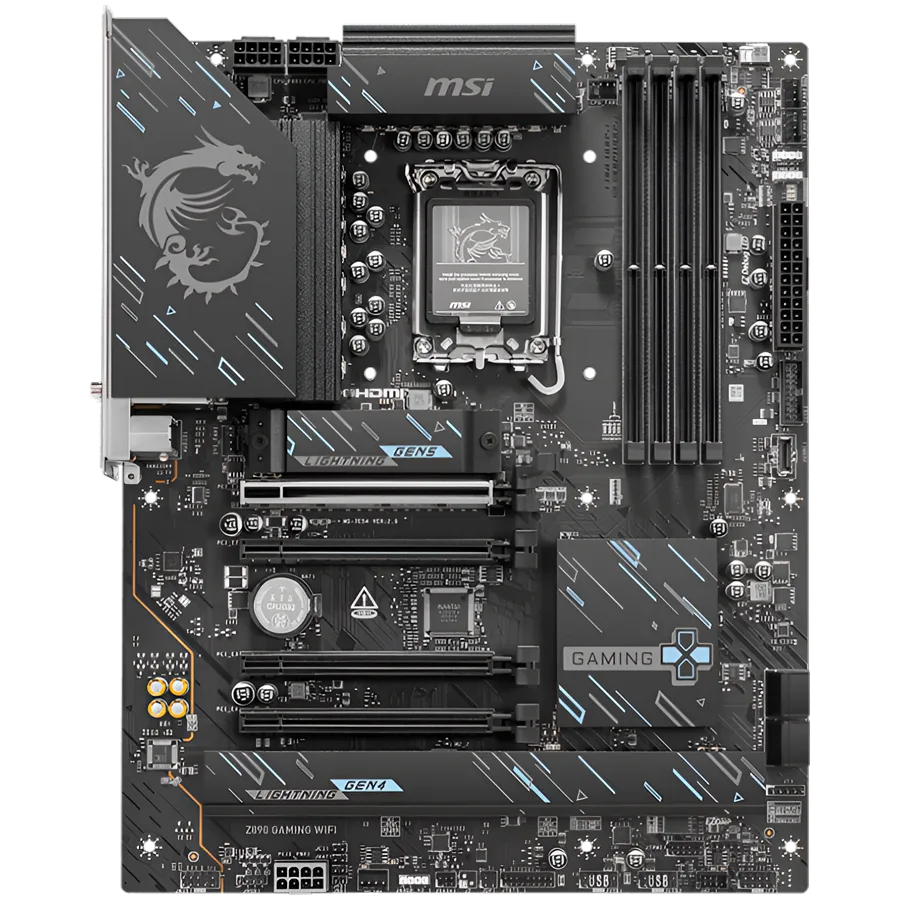 Дънна платка MSI Z890 GAMING WIFI, LGA 1851, Dual Channel DDR5 up to 8800(OC)MHz, 4x PCIe x16 slots, 3x M.2 slots, 6x USB 5Gbps A, 1x USB 20Gbps Type-C, 1x HDMI, 1x Type-C DP, 1x DP, 2.5Gbps LAN, Wi-Fi 7, 7.1 Audio, 3Y Warranty - Image 2
