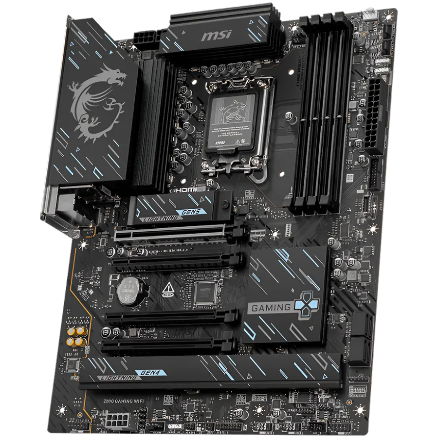 Дънна платка MSI Z890 GAMING WIFI, LGA 1851, Dual Channel DDR5 up to 8800(OC)MHz, 4x PCIe x16 slots, 3x M.2 slots, 6x USB 5Gbps A, 1x USB 20Gbps Type-C, 1x HDMI, 1x Type-C DP, 1x DP, 2.5Gbps LAN, Wi-Fi 7, 7.1 Audio, 3Y Warranty - Image 4