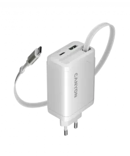 Зарядно за мобилен телефон CANYON charger OnCharge 65RC Build-In Cable USB-C 65W 1xPD 1xQC EU