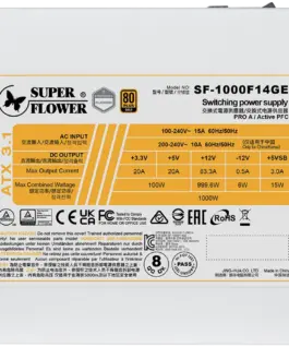 Alternative view of Захранване за компютър Super Flower Leadex III Gold 1000W ATX 3.1 80 Plus Gold, Fully Modular, Flat White Cables, 140mm Fan, White, 7 Year Warranty