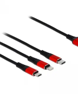 Alternative view of Кабел за зареждане Delock  3 в 1, USB - Lightning/ Micro USB/ USB-C, 1м, Черен/Червен