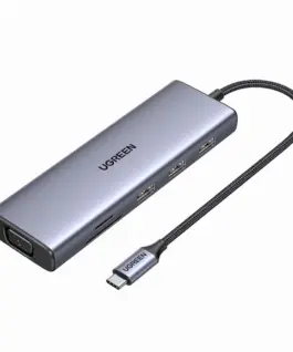 Мултифункционален USB хъб Ugreen CM498 15600 USB-C - 3x USB-A 3.0 / HDMI / VGA / RJ45 / SD / TF Card Reader / USB-C PD - сив