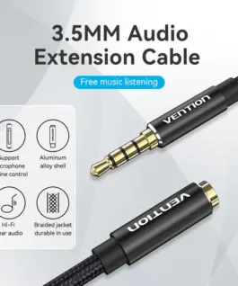 Alternative view of Vention Аудио Кабел Cotton Braided TRRS 3.5mm Male to 3.5mm F - 0.5m - Gold plated, Aluminum alloy - BHCBD