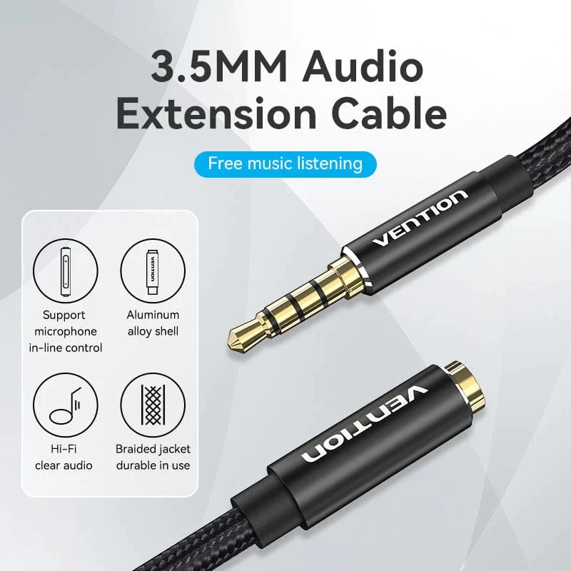 Vention Аудио Кабел Cotton Braided TRRS 3.5mm Male to 3.5mm F - 0.5m - Gold plated, Aluminum alloy - BHCBD - Image 2
