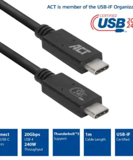 Alternative view of ACT Кабел USB-C - USB-C, 1 м / USB4, 20Gbps, 240W, сертифициран USB-IF
