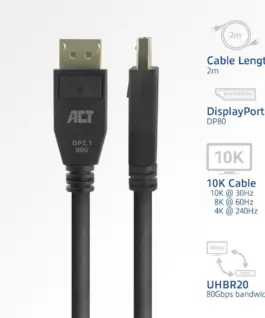 Alternative view of ACT Кабел Display port 2.1 мъжко-мъжко,8К@60Hz,4k@240Hz, 2м, черен