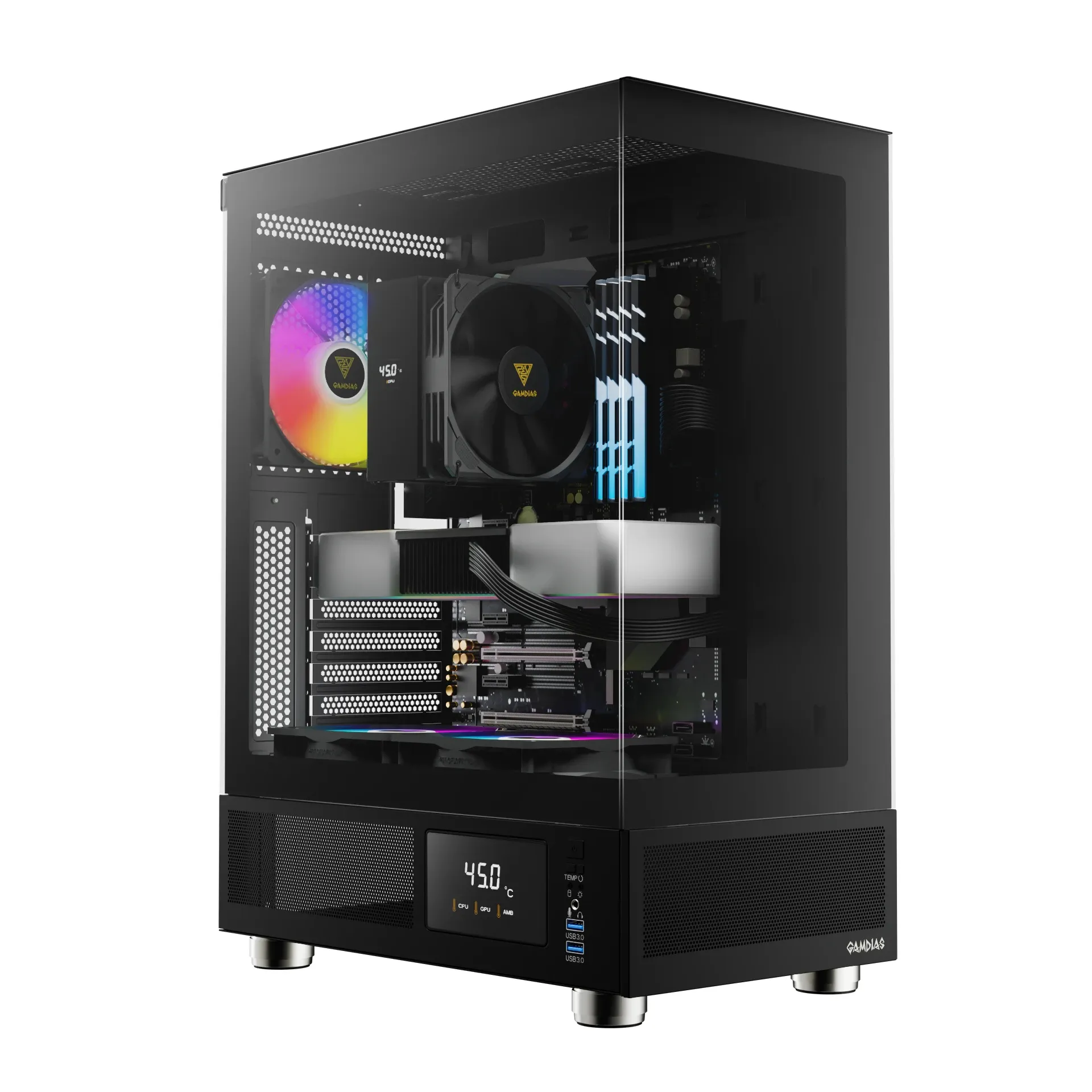 Gamdias кутия Case ATX - ATLAS E1 - 3 x 120 mm A-RGB Digital Display Tempered Glass