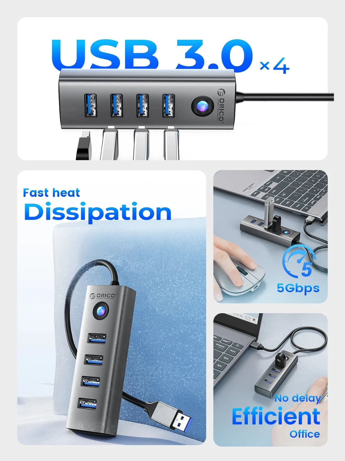 Orico хъб HUB USB3.0 4 port, Aluminium, Grey - PDD4U-U3-015-GY - Image 100