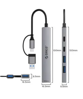 Alternative view of Orico хъб HUB USB-C 5 port - USB3.0 x 1, USB2.0 x 2, USB-C x 2, Aluminium - YSA4-U2-GY
