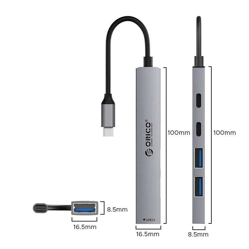 Orico хъб HUB USB-C 5 port - USB3.0 x 1, USB2.0 x 2, USB-C x 2, Aluminium - YSB4-U2-GY - Image 98