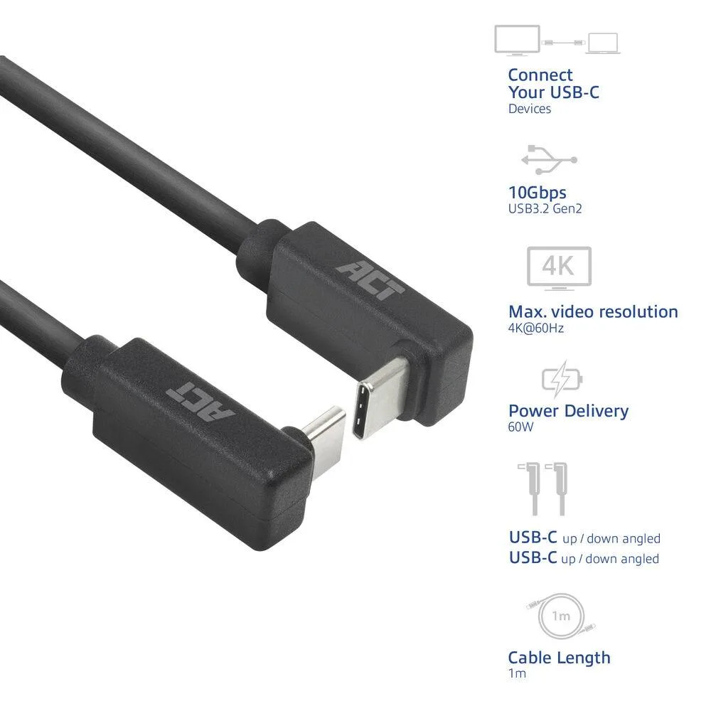 ACT Кабел USB-C 10Gbps, 60W, 0.5м, конектори на 90° up/down angled - Image 2