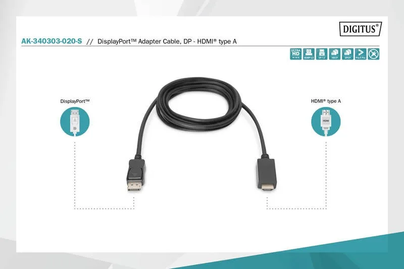 Digitus адаптер кабел Displayport 1.2 with interlock 4K 60Hz UHD Typ DP/HDMI A M/M черен 1m - Image 4