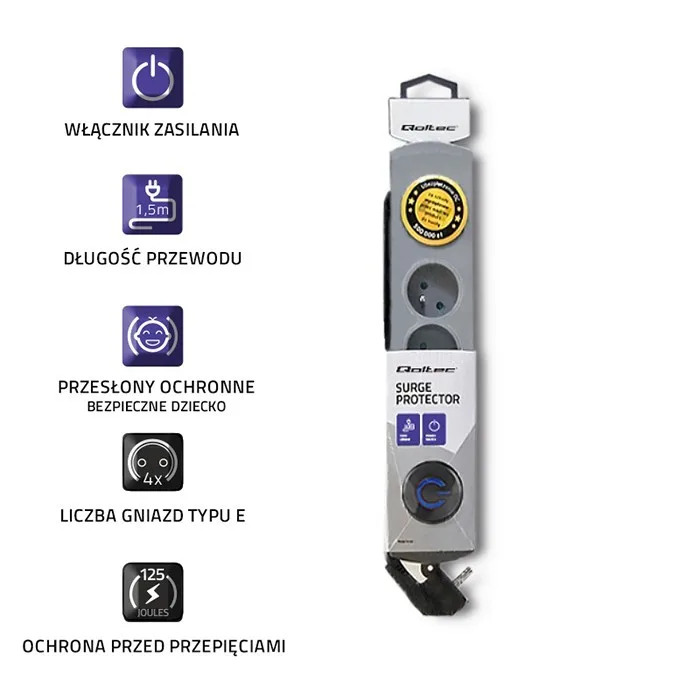 Qoltec Surge protector Quick Switch 4 sockets 1,5m gray - Image 8