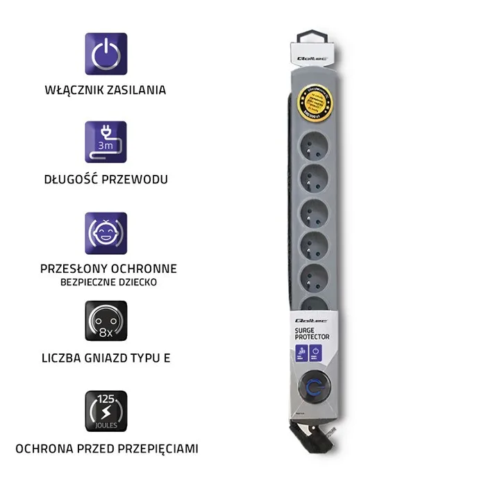 Qoltec Surge protector Quick Switch 8 socket 3m gray - Image 8