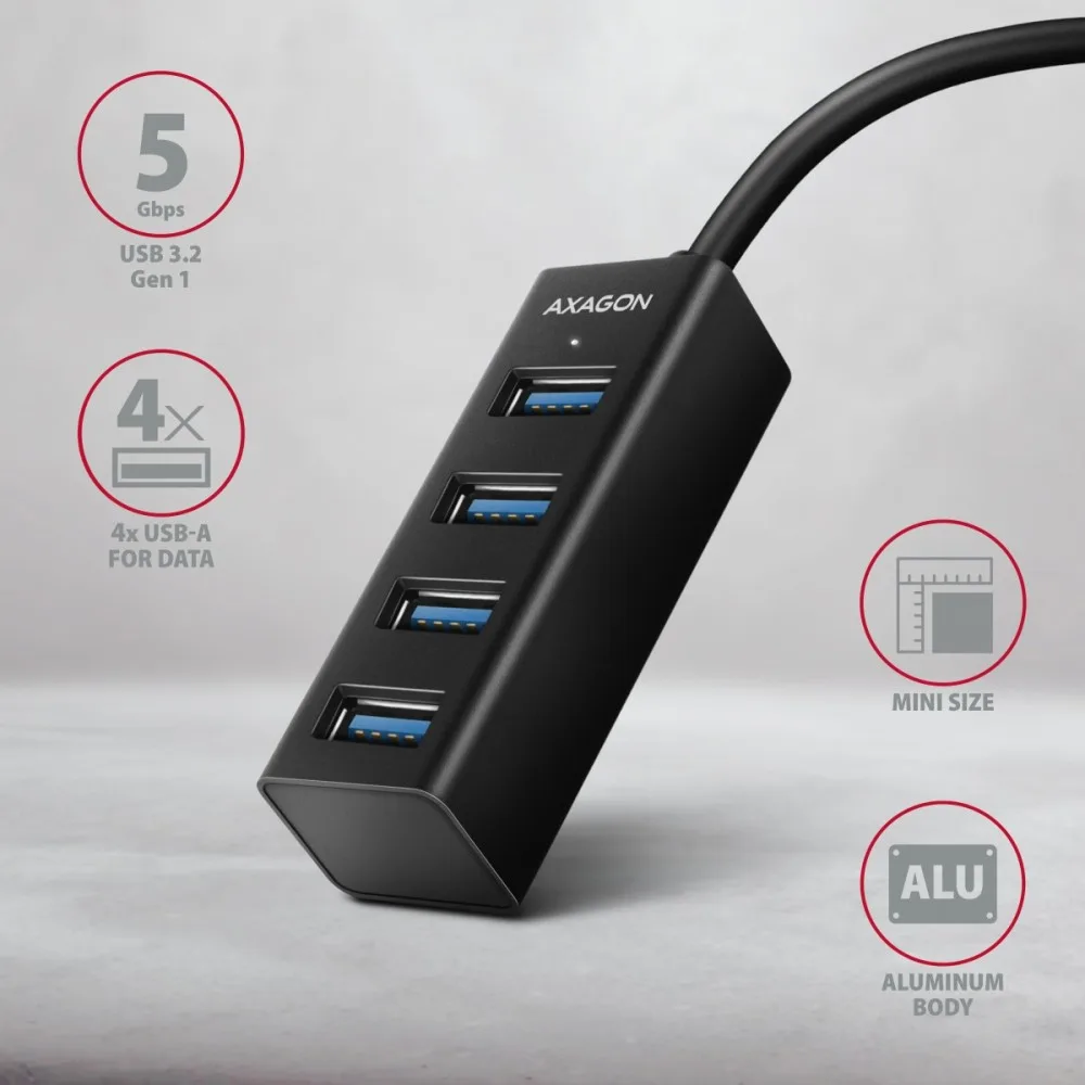 AXAGON MINI hub HUE-M1AL 4x USB 3.2 Gen 1, metal, 1.2m USB-A кабел - Image 2