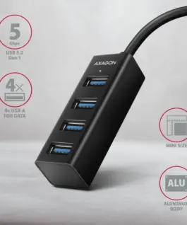 Alternative view of AXAGON MINI hub HUE-M1A 4x USB3.2 Gen 1, metal, 20cm USB-A кабел