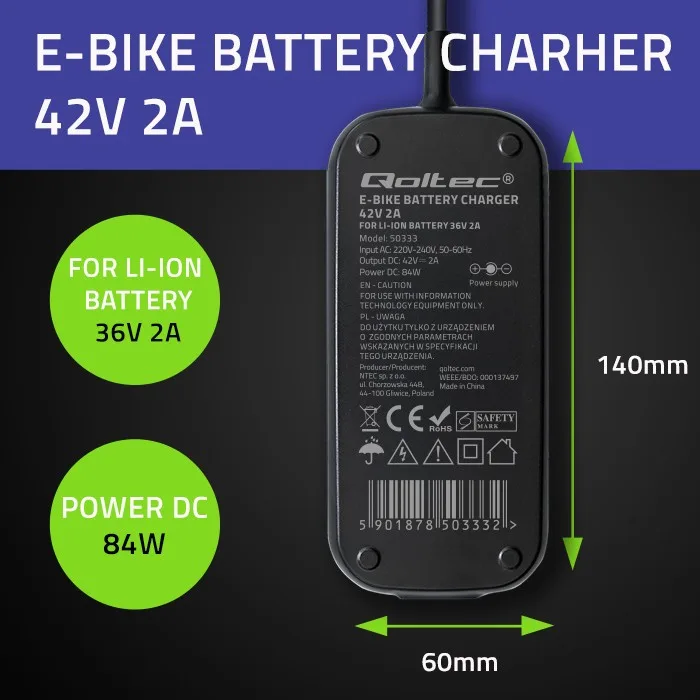 Qoltec зарядно for ebike 36V 42V 2A 5.5x2.5 - Image 2