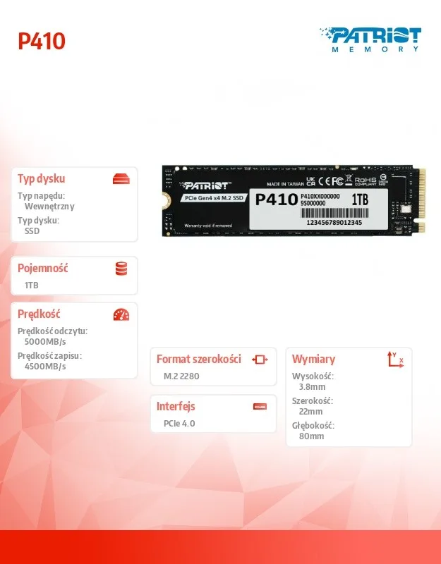 Patriot SSD 1TB P410 PCIe M.2 Gen4 x4 NVMe 1.4 2280 5000/4500MB/s - Image 2