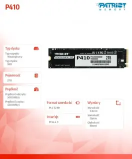 Alternative view of Patriot SSD 2TB P410 PCIe M.2 Gen4 x4 NVMe 1.4 2280 5000/4500MB/s