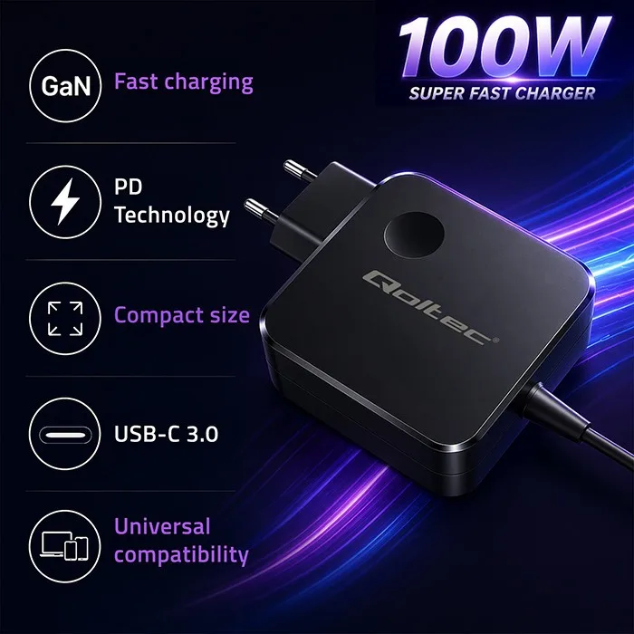 Qoltec Cahrger USB C 100W GaN PD 5V 20V 3A 5A - Image 2