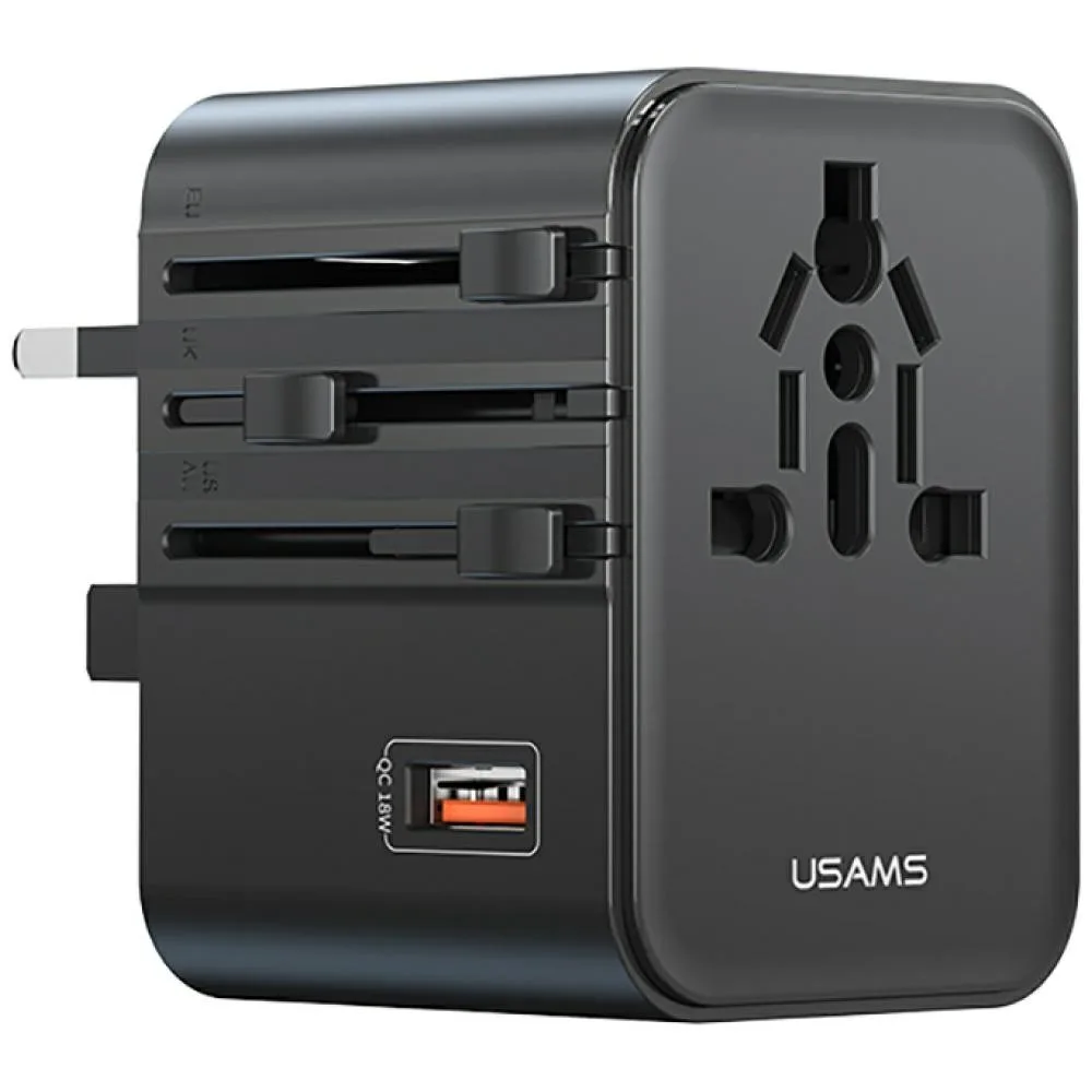 USAMS Travel адаптер 25W US/AU/EU/UK черен