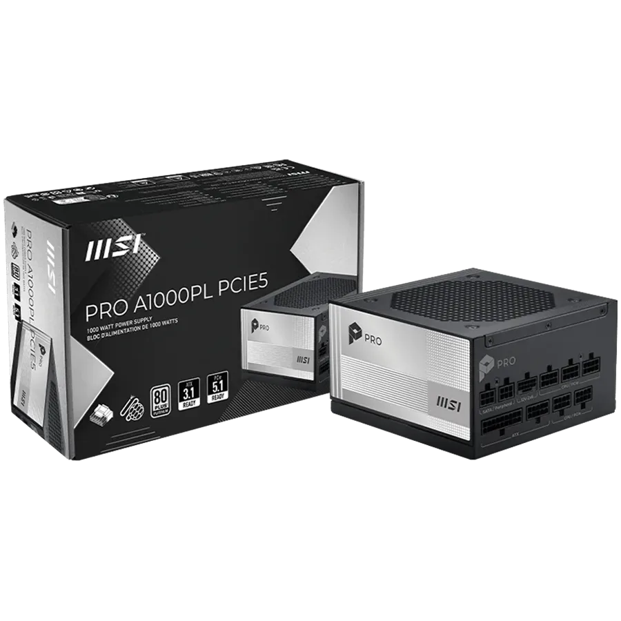 Захранване за компютър MSI PRO A1000PL PCIE5 850W 80 Plus Platinum 120mm Fluid Dynamic Bearing Fan Protections: OCP/OTP/