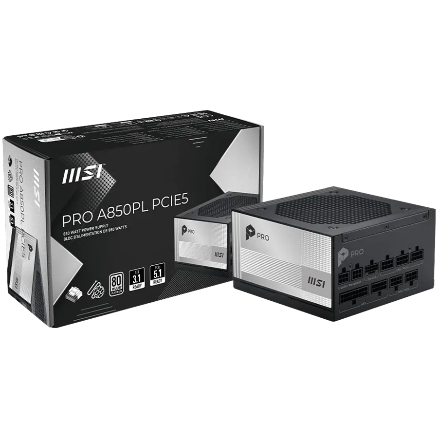 Захранване за компютър MSI PRO A850PL PCIE5 850W 80 Plus Platinum 120mm Fluid Dynamic Bearing Fan Protections: OCP/OTP/O