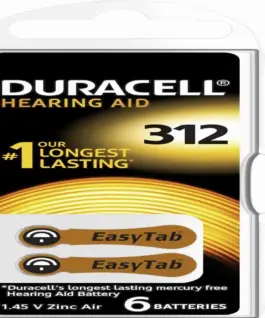 Батерия цинково въздушна DURACELL ZA312 6 бр. бутонни за слухов апарат в