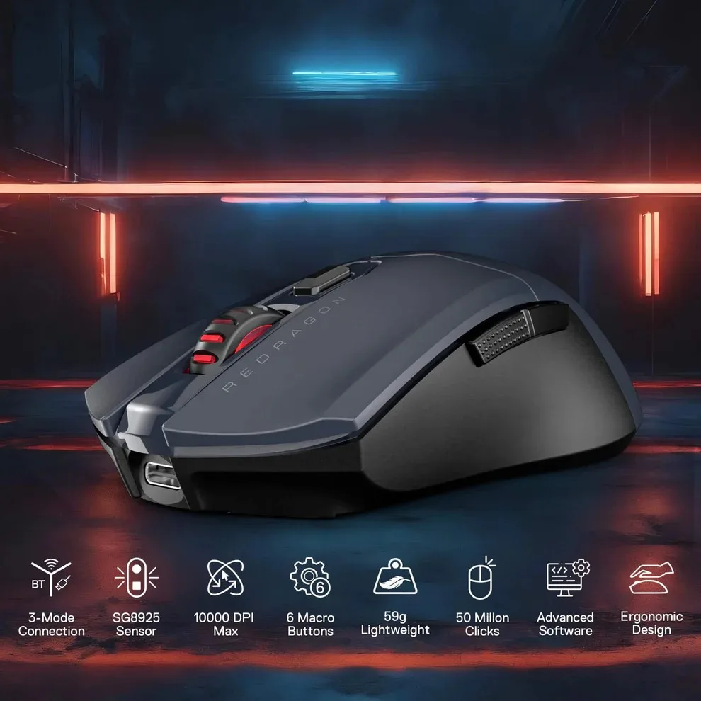 Безжична Bluetooth и кабелна геймърска мишка Redragon Fyzu Lite M995GB-LIT - черна със сиво - Image 3