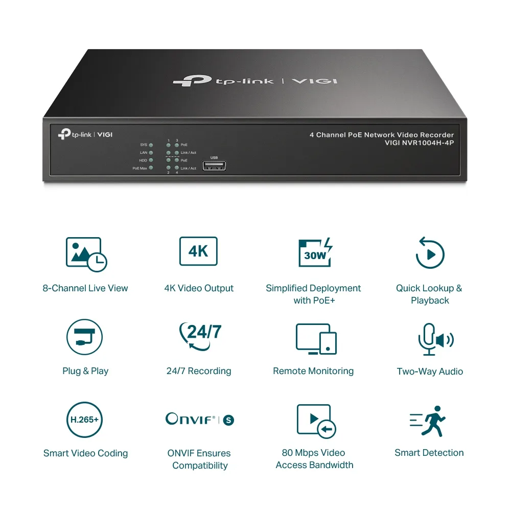 NVR TP-Link VIGI NVR1004H-4P PoE+ 4-канален - Image 2