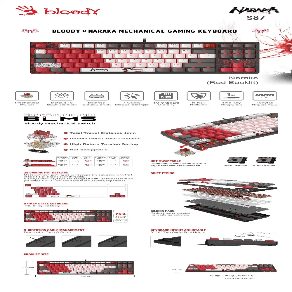 А4tech Геймърска механична клавиатура Bloody Naraka S87 TKL Backlit Red Switch , USB - Image 4