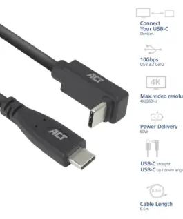 Alternative view от ACT Кабел USB-C - USB-C, 10Gbps, 60W, 0.5 м, конектори - 1x прав и 1x на 90° up/down angled
