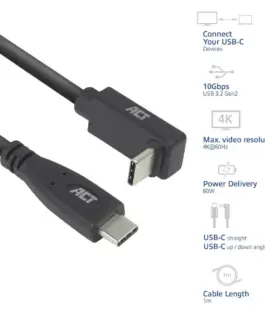 Alternative view от ACT Кабел USB-C - USB-C, 10Gbps, 60W, 1 м, конектори - 1 x прав и 1 x на 90° up/down angled