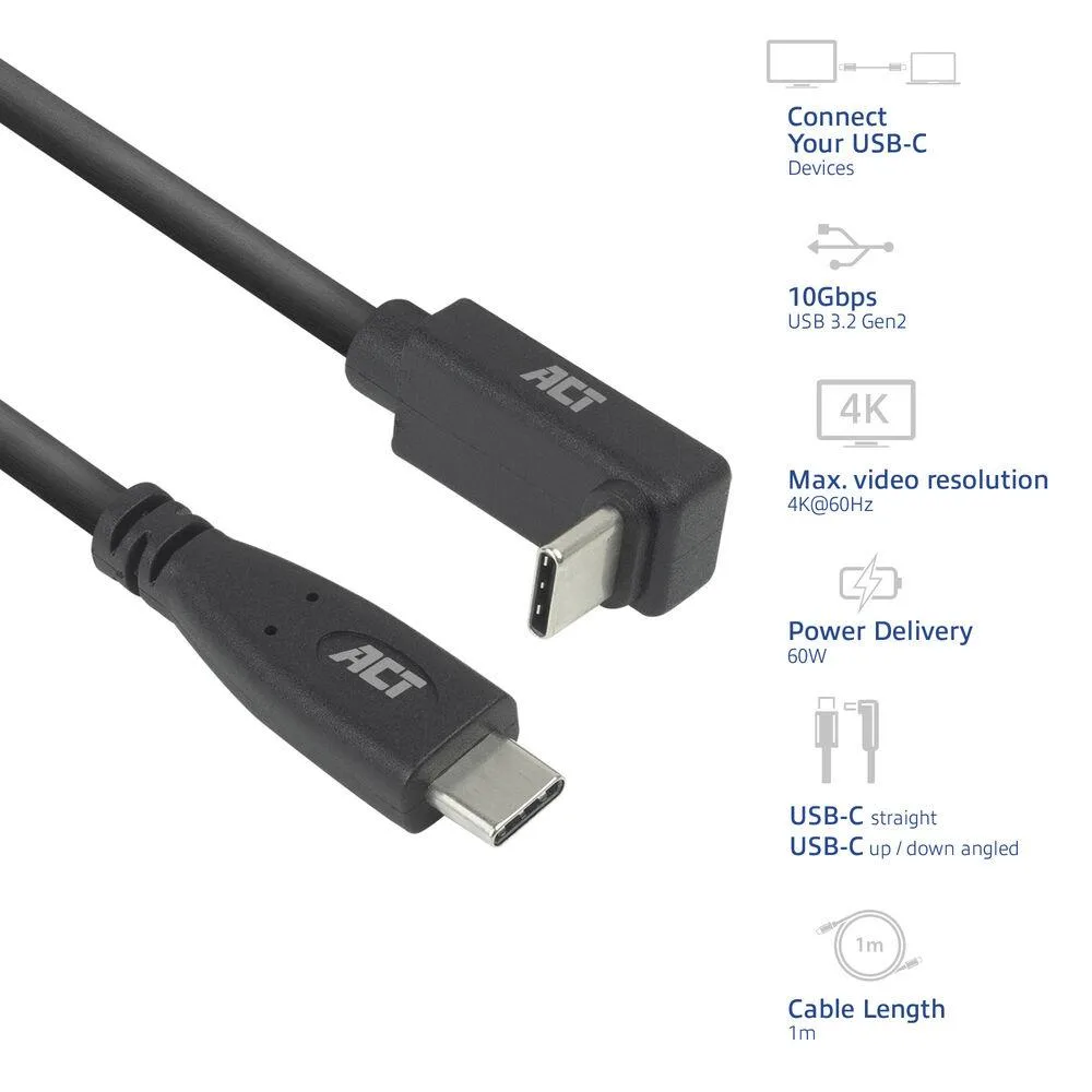 ACT Кабел USB-C - USB-C, 10Gbps, 60W, 1 м, конектори - 1 x прав и 1 x на 90° up/down angled - Image 2