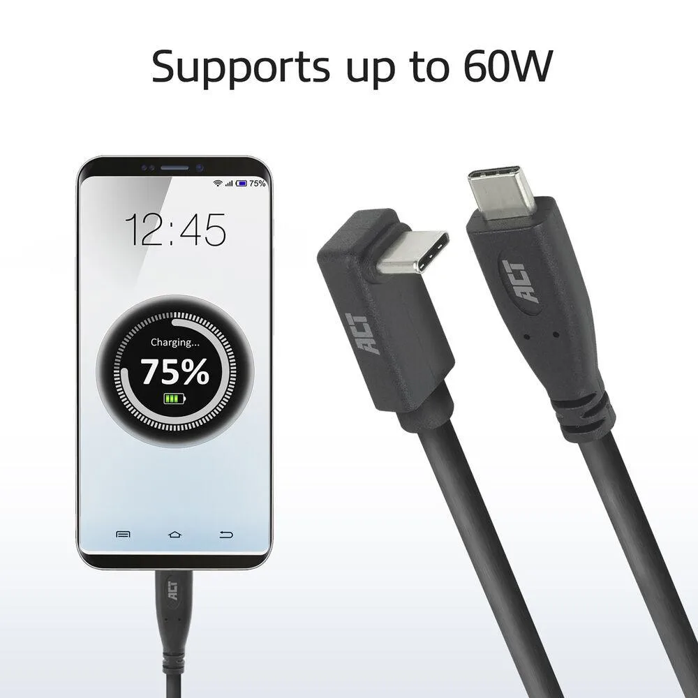 ACT Кабел USB-C - USB-C, 10Gbps, 60W, 1 м, конектори - 1 x прав и 1 x на 90° up/down angled - Image 4