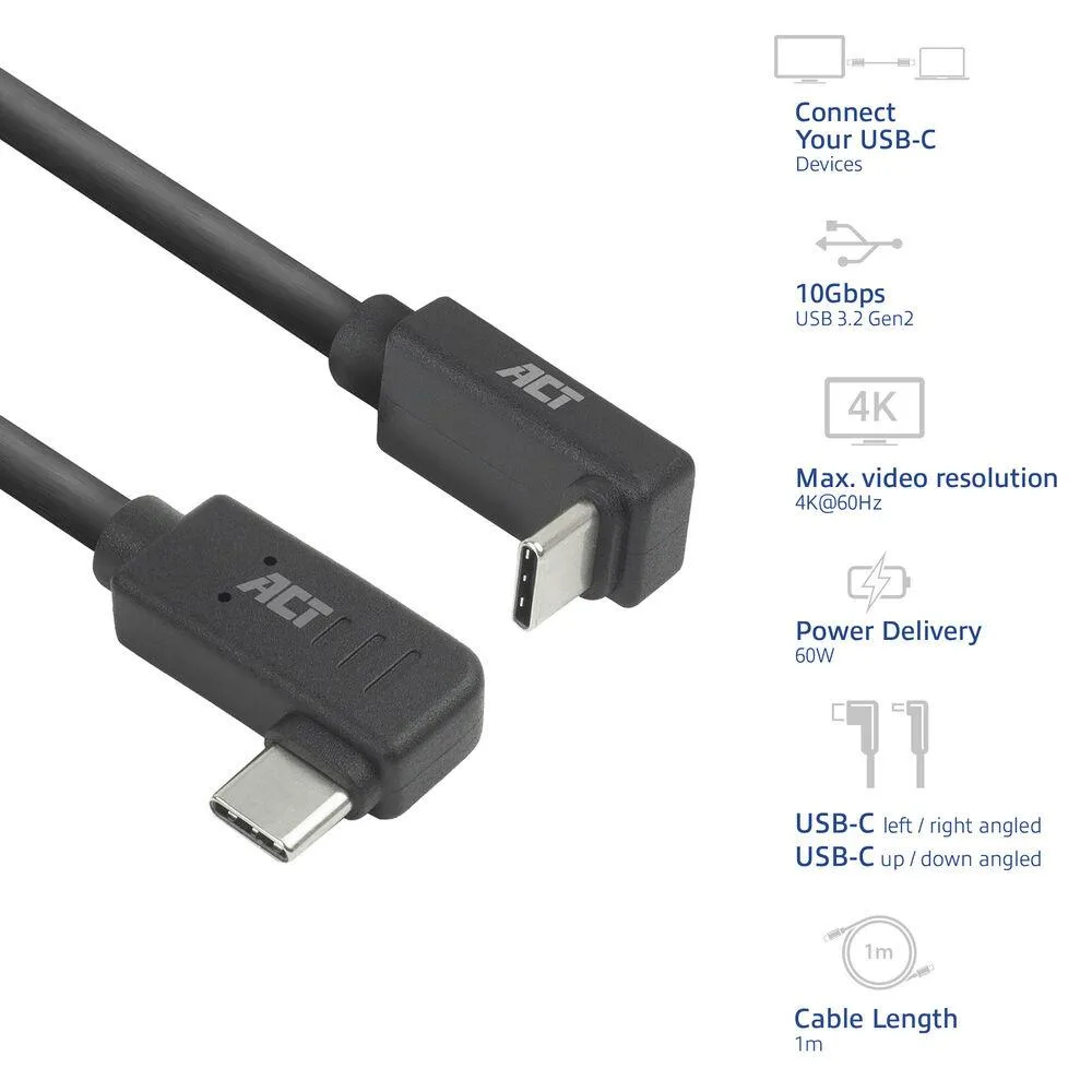ACT Кабел USB-C - USB-C, 10Gbps, 60W, 1 m, конектори 90° left/right, up/down angled - Image 2