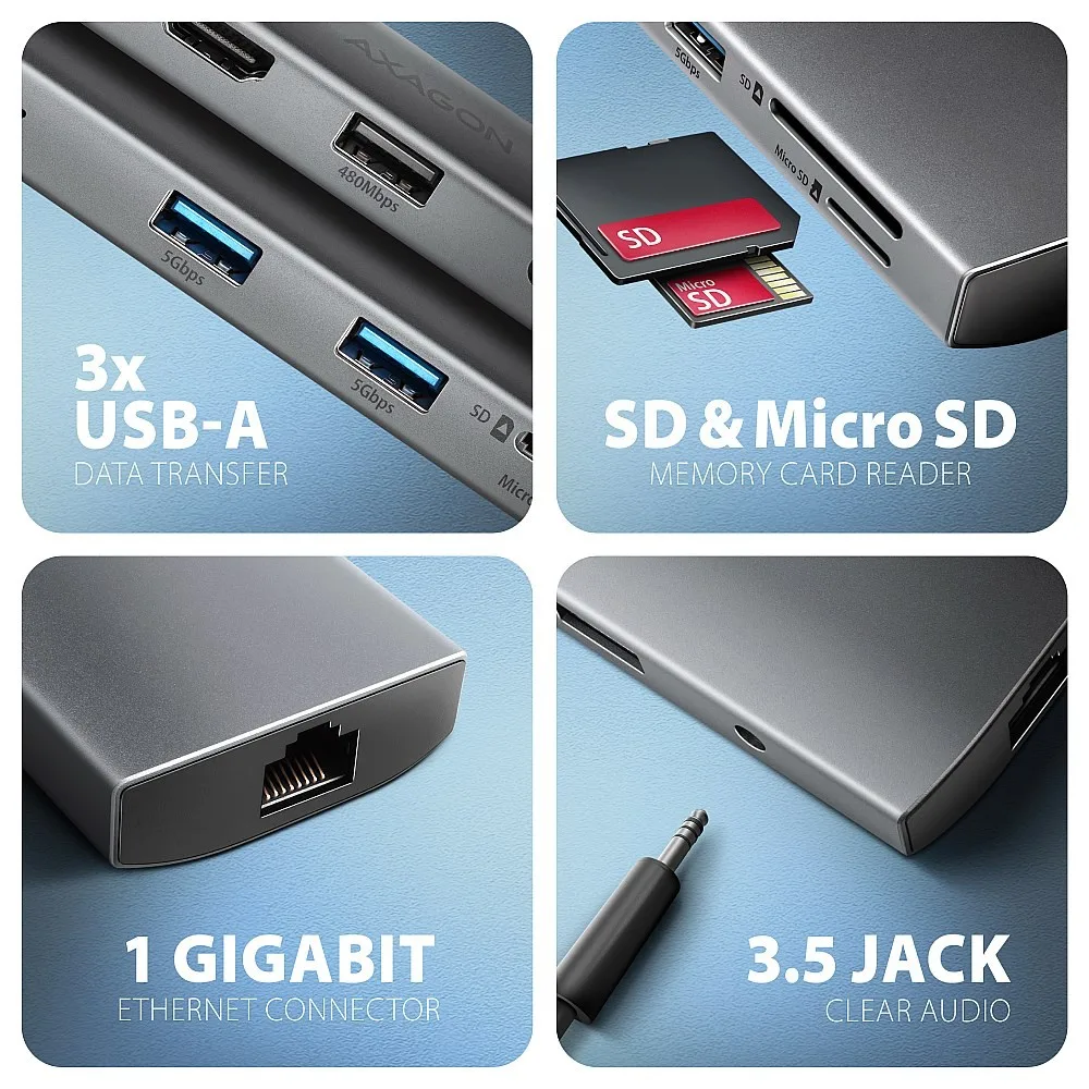 AXAGON HMC-8HLSA USB hub 8in1 5Gbps HDMI audio LAN PD - Image 3