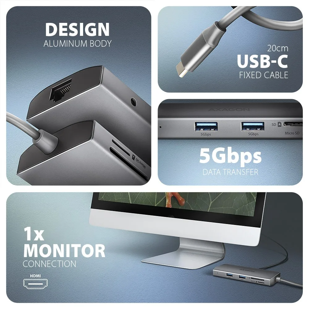 AXAGON HMC-8HLSA USB hub 8in1 5Gbps HDMI audio LAN PD - Image 4