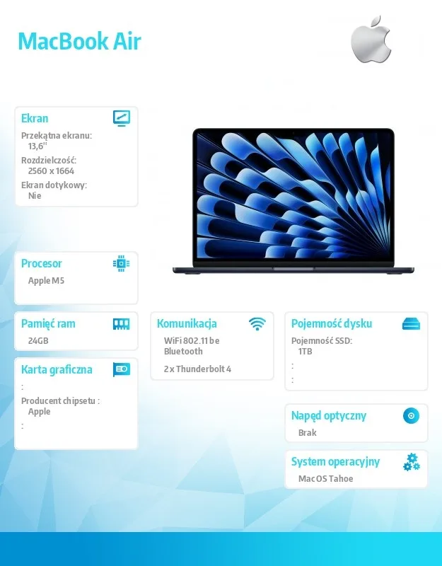 Apple MacBook Air 13.6-inch: M5 10/10, 24GB, 1TB SSD, without захранващ блок - Midnight - Image 2