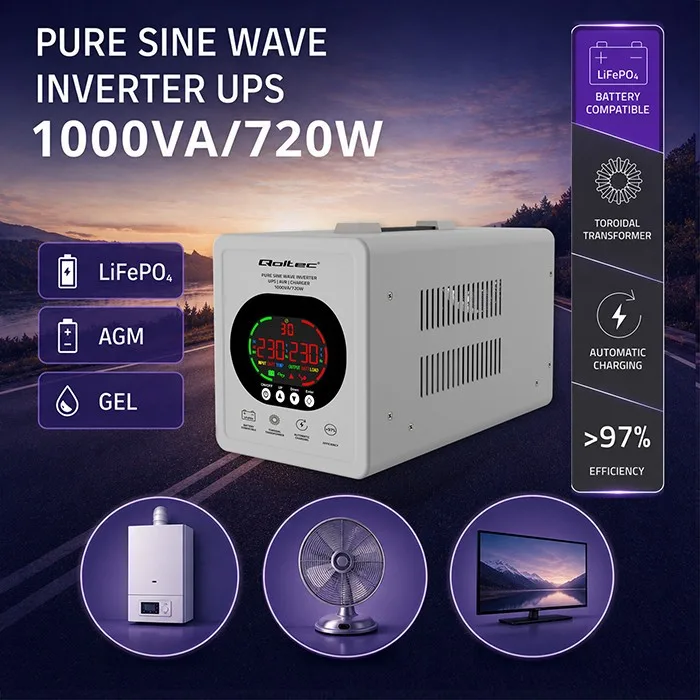Qoltec Pure Sine Wave UPS 1000VA 720W AVR LCD - Image 2