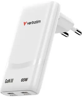 Verbatim Fold n Go зарядно GaN 65W 2xUSB-C PD 3.0 PPS