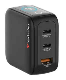 Verbatim Mini GaN зарядно 65W TFT 2xUSB-C EU/UK/USA
