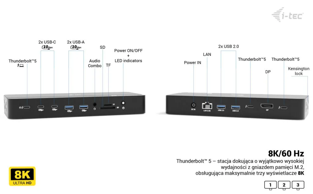 i-tec Thunderbolt 5 Triple Display Docking Station M.2 6xUSB 2.5 GLAN PD 140W - Image 3
