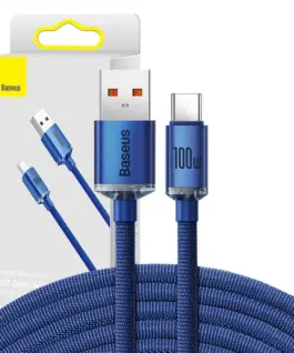Кабел Baseus Crystal Shine USB Type A към USB Type C 100W 2м CAJY000503 - син