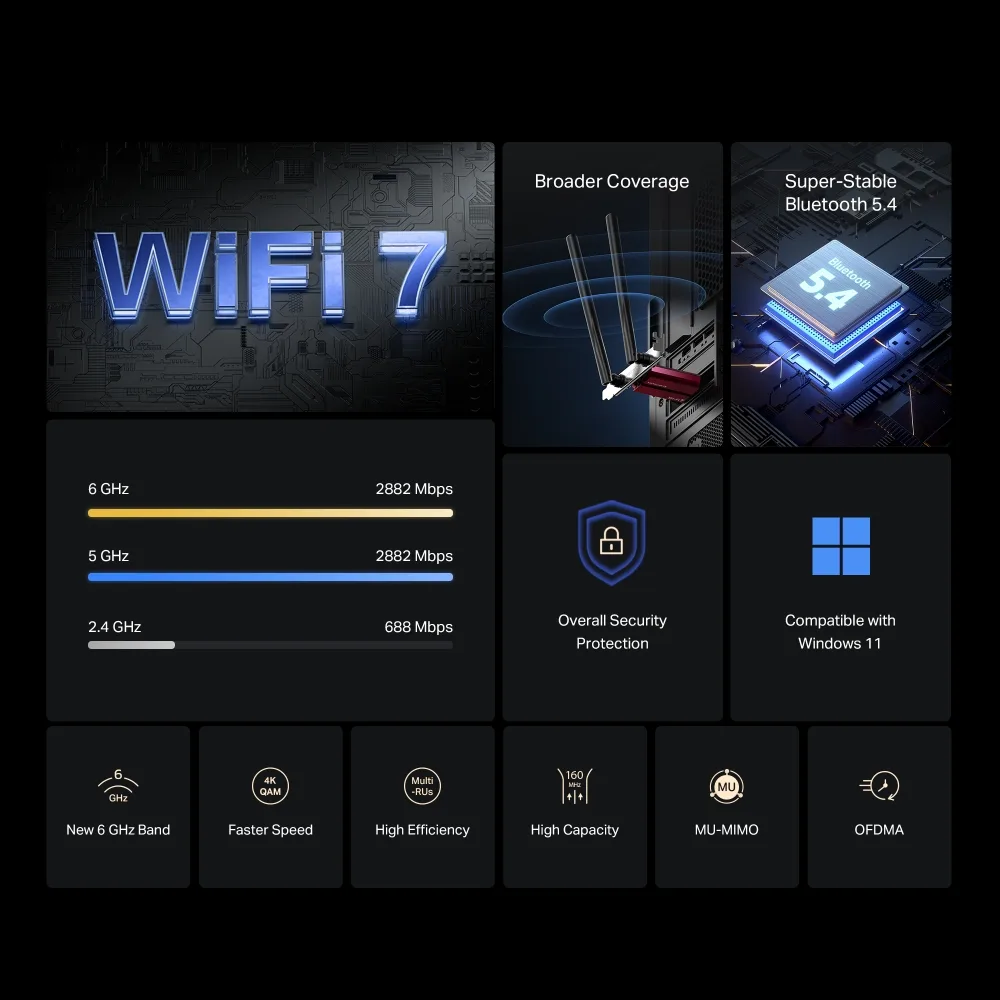 Безжичен Wi-Fi 7 Bluetooth 5.4 PCIe Адаптер Mercusys MA37BE BE6500 - Image 3