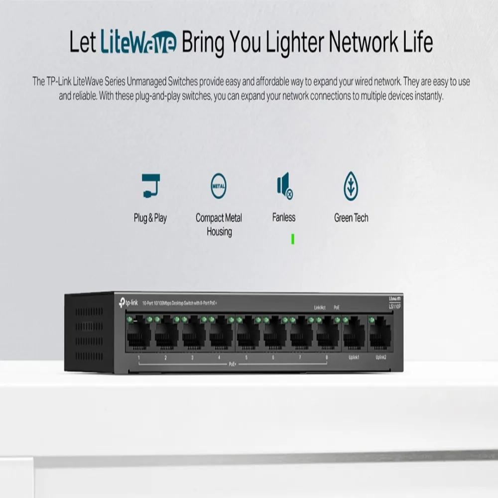 10-портов 10/100Mbps настолен комутатор TP-Link LS110P с 8 PoE+ порта - Image 3