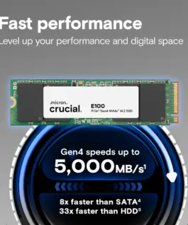 Alternative view от SSD диск Crucial E100 480GB SSD PCIe 4.0 Gen4 M.2 2280 NVMe, Read/Write: 4500/2500 MB/s CT480E100SSD8