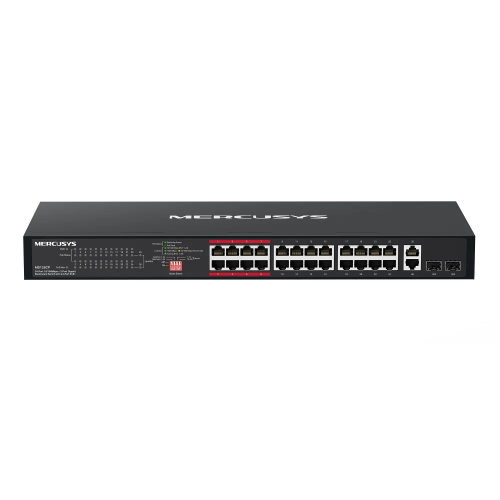24-портов 10/100 Mbps + 2-портов Gigabit Rackmount комутатор с 24 PoE+ порта Mercusys MS126CP
