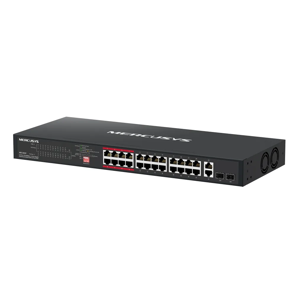 24-портов 10/100 Mbps + 2-портов Gigabit Rackmount комутатор с 24 PoE+ порта Mercusys MS126CP - Image 2